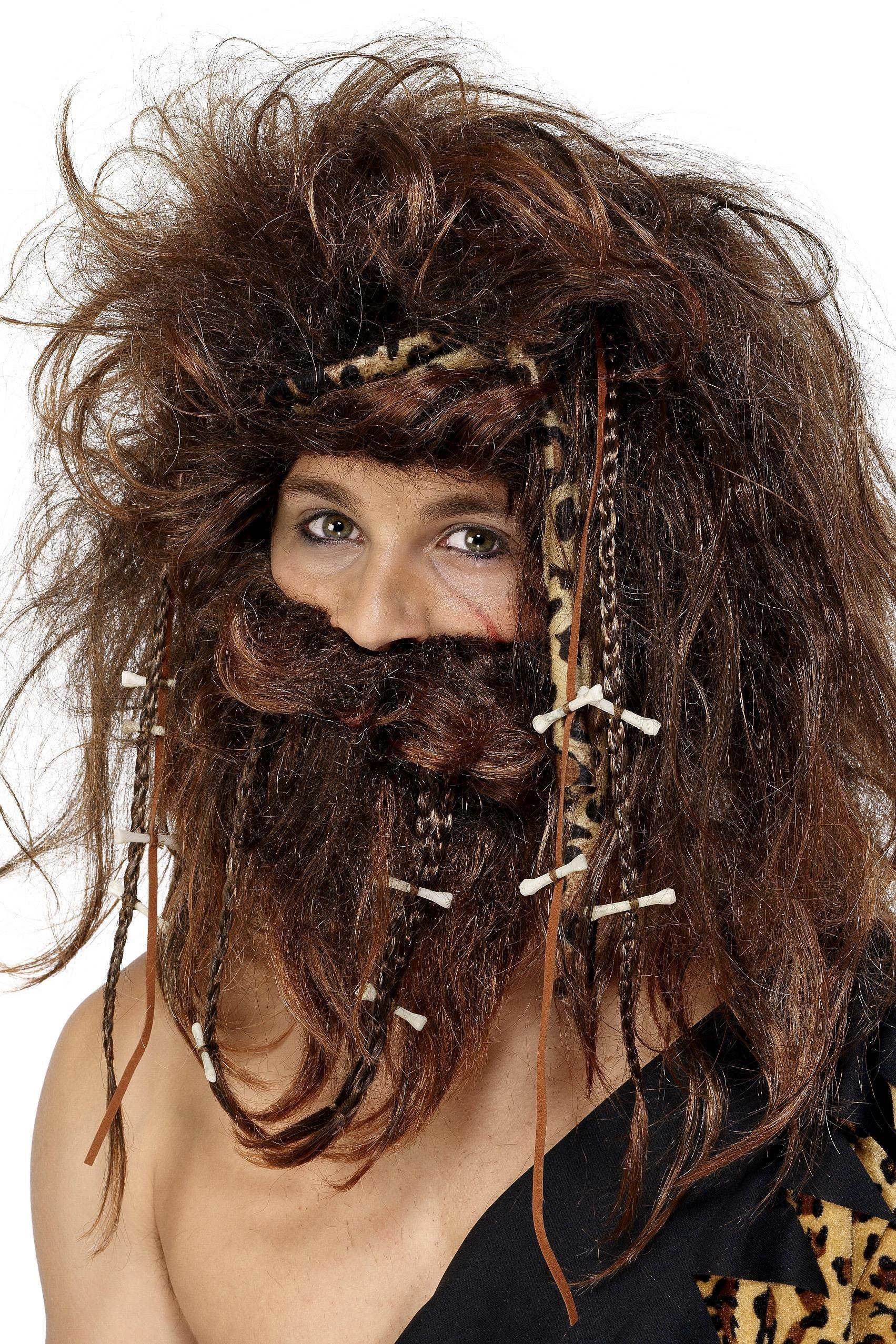 Peluca de Troglodita Castaña con Barba y Trenzas Complementos Trogloditas y Cavernícolas Smiffys