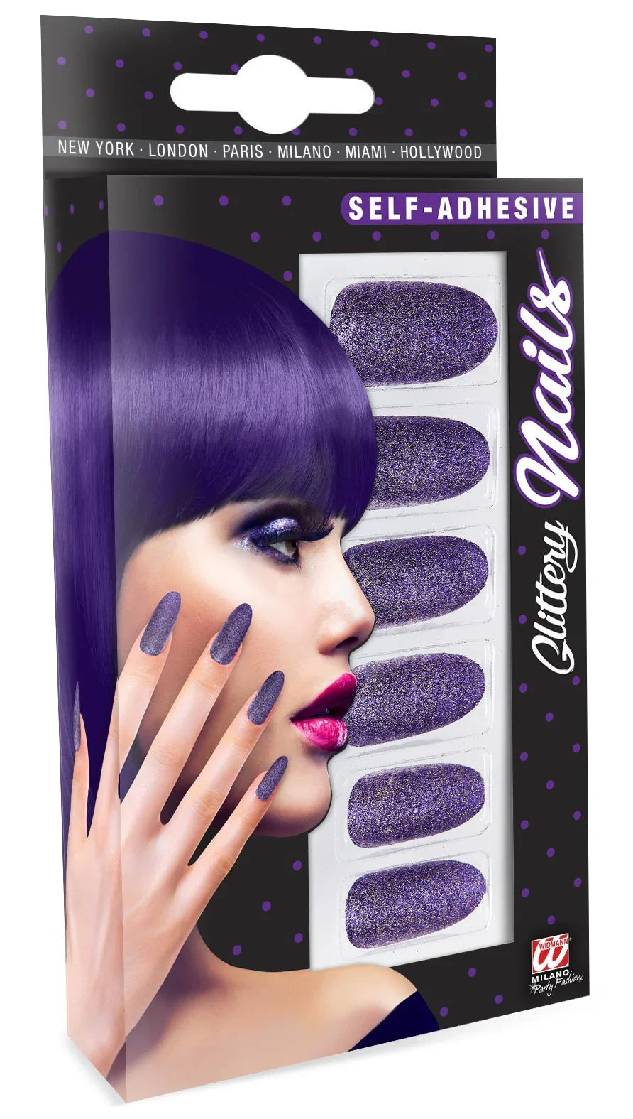 Uñas Postizas Moradas Autoadhesivas con Purpurina Uñas Postizas Widmann