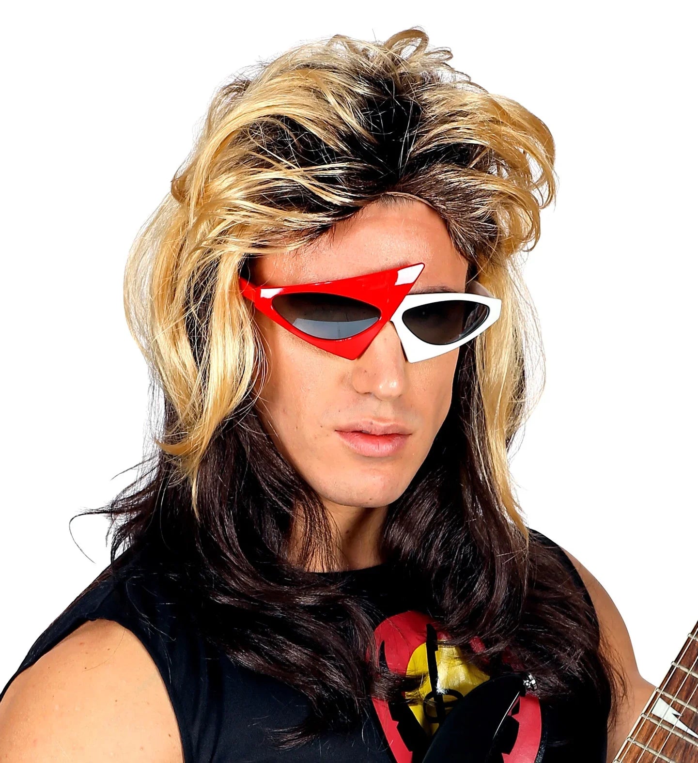 Peluca Castaña con Mechas Rubias de Rockero Años 80 Complementos Rockeros y Moteros Widmann