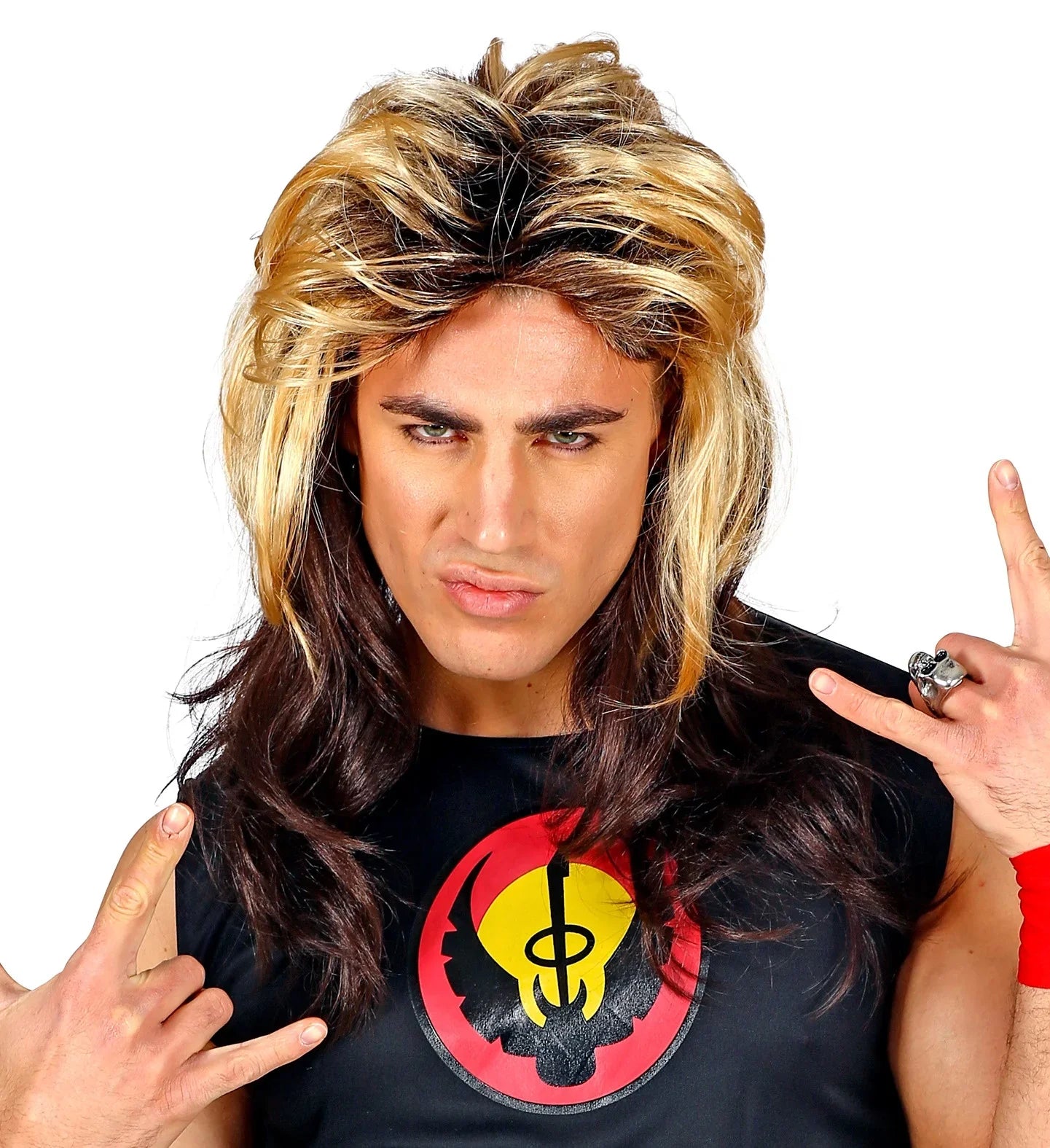 Peluca Castaña con Mechas Rubias de Rockero Años 80 Complementos Rockeros y Moteros Widmann