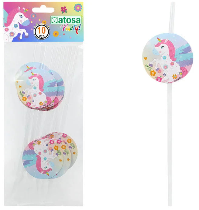 Pack 10 Pajitas de Unicornio de Cumpleaños Decoración y Menaje de Dibujos Animados Atosa