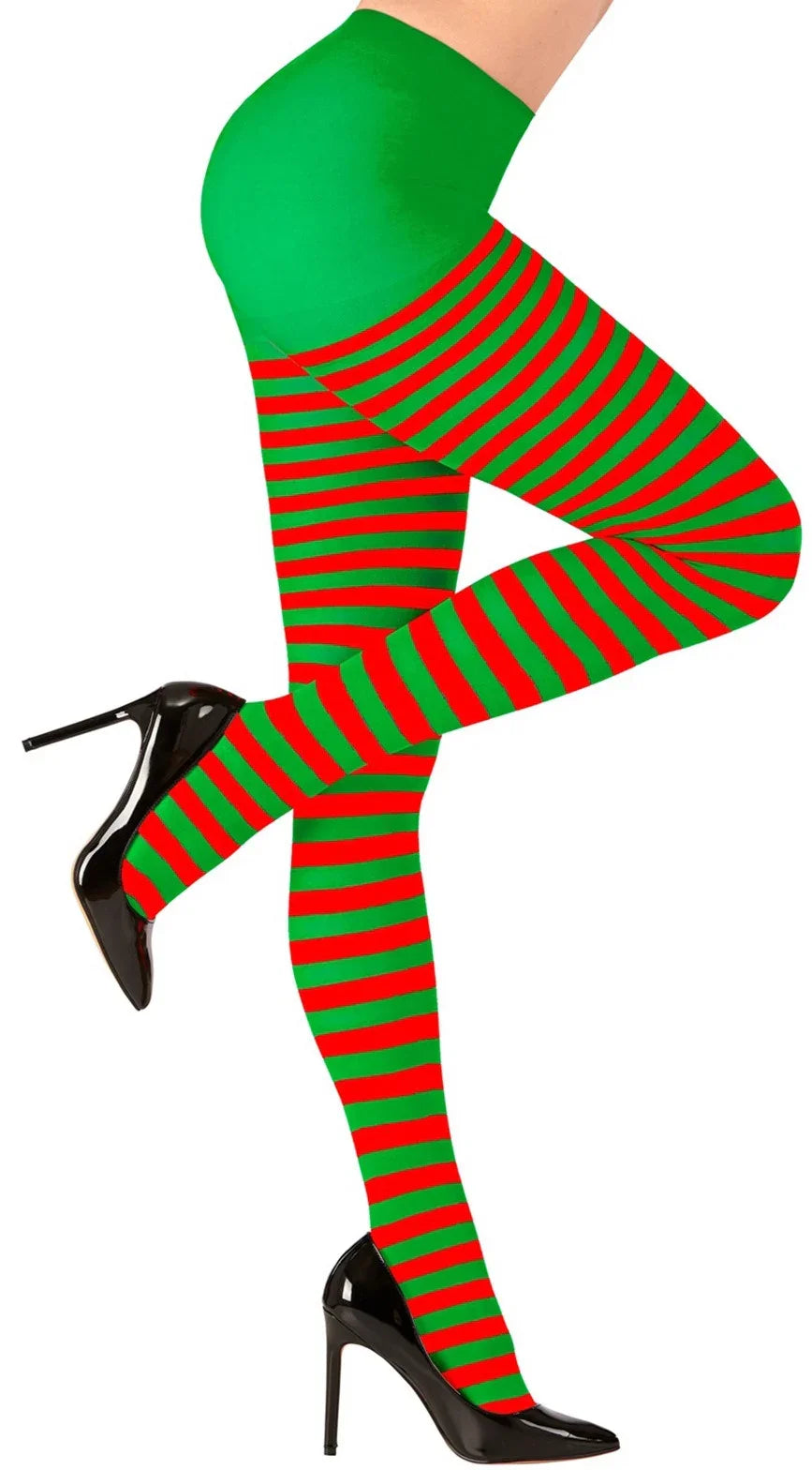 Pantys de Elfa Navideña con Rayas Rojas y Verdes para Adulto Elfos Navideños Widmann