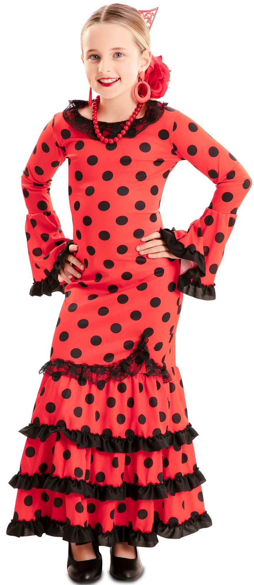 Disfraz de Flamenca Rojo con Lunares Negros para Niña Sevillanas y Flamencas Infantiles EuroCarnavales