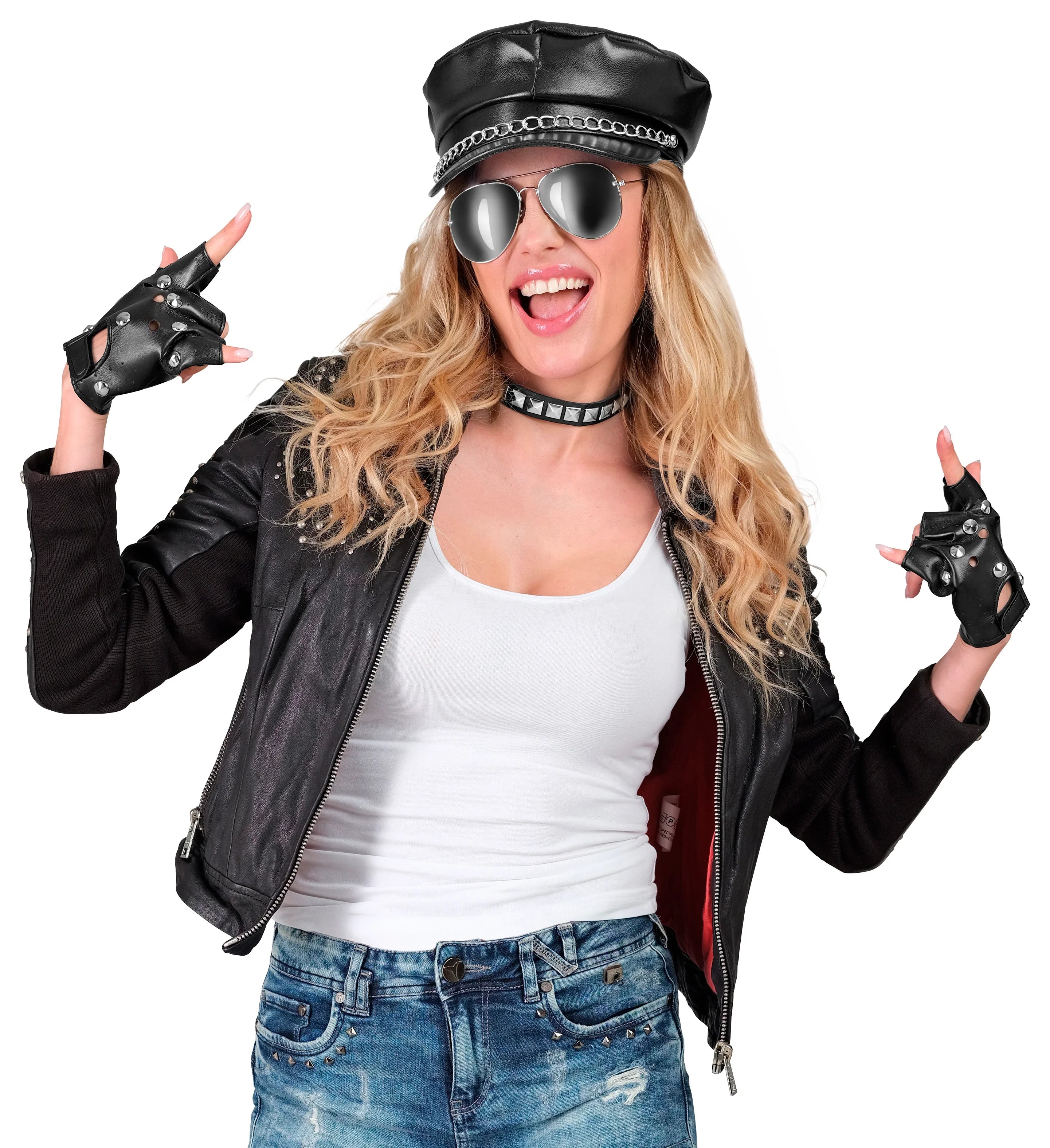 Kit de Motero Rockero con Gorra, Guantes, Collar y Gafas Complementos Rockeros y Moteros Widmann