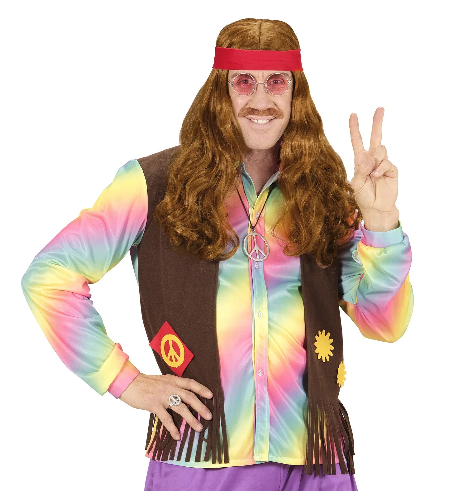 Peluca Hippie Castaña Larga con Bandana y Bigote Complementos Hippies Widmann