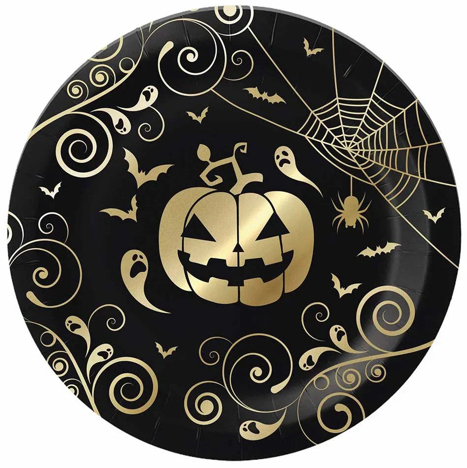 Pack 6 Platos Negro de Calabaza Dorada Menaje Halloween Guirca
