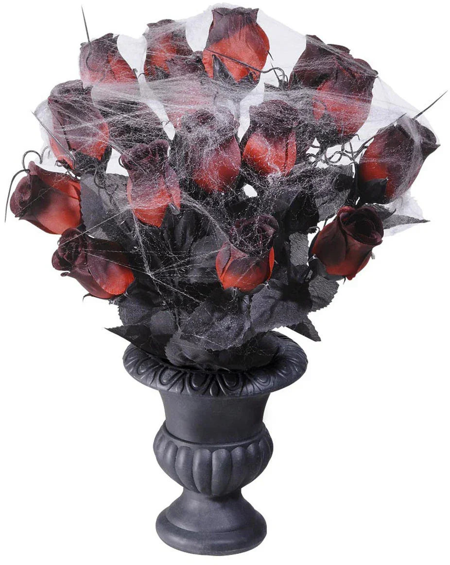 Florero Con Rosas Rojas y Telarañas Decoración Halloween Widmann
