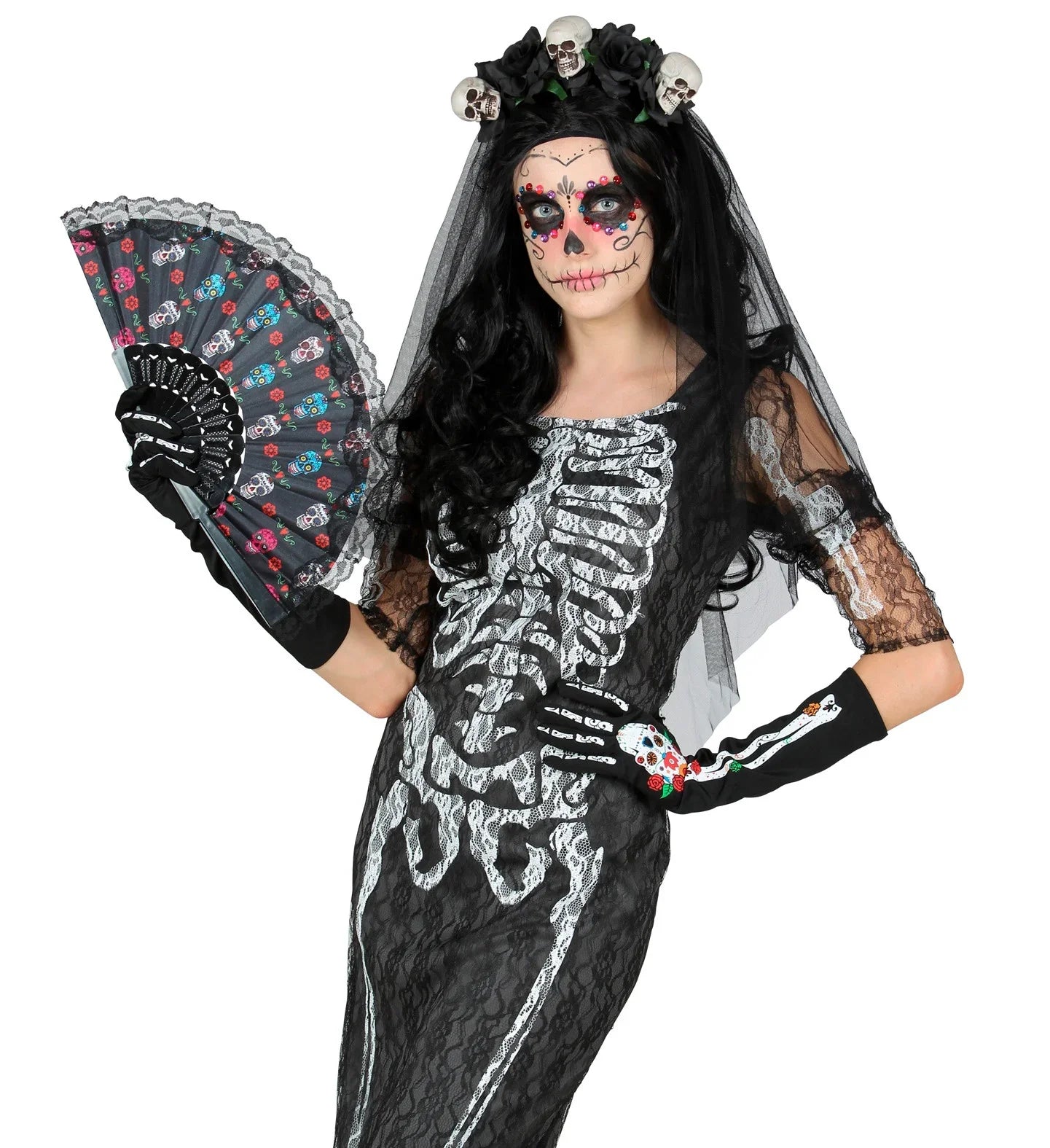 Abanico Día de los Muertos Negro Catrina Widmann