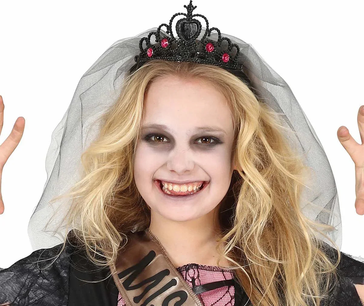 Tiara Negra Infantil con Velo Reina de Corazones Guirca