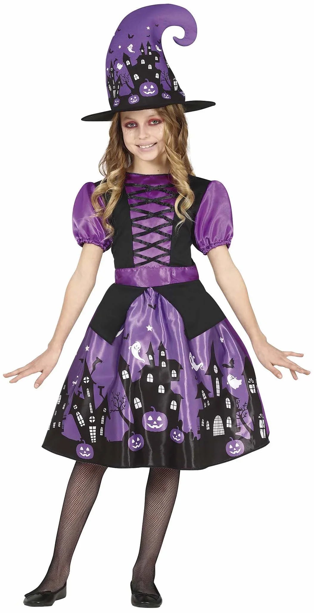 Disfraz de Bruja Morada con Dibujos para Niña Brujas Guirca