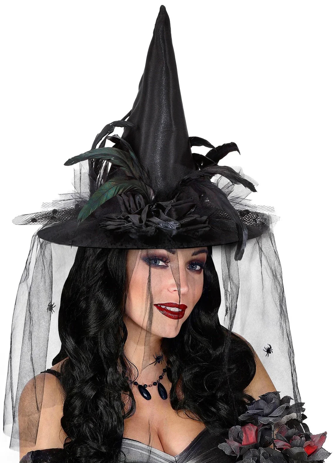 Sombrero de Bruja Negro con Velo, Flores y Plumas Sombreros de Bruja Widmann