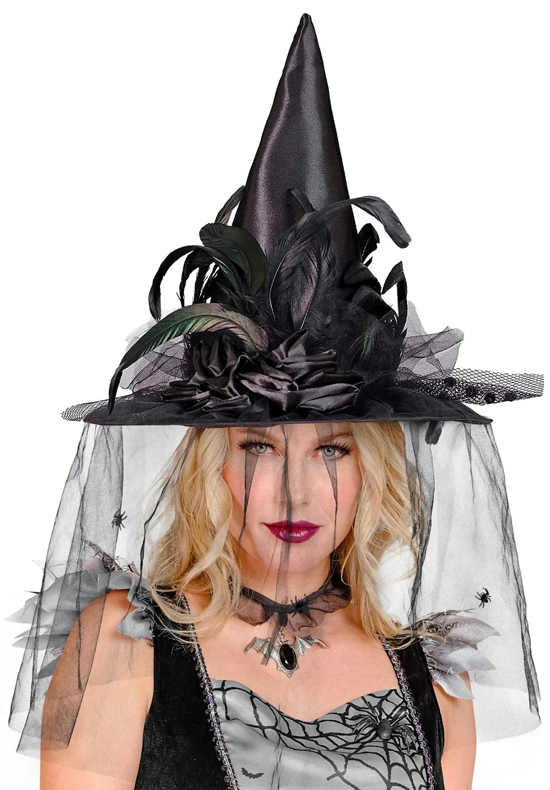 Sombrero de Bruja Negro con Velo, Flores y Plumas Sombreros de Bruja Widmann