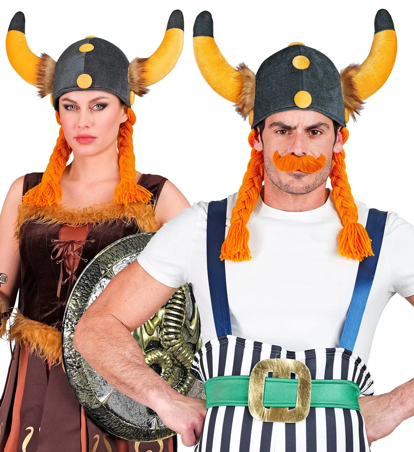 Gorro Vikingo con Cuernos y Trenzas Naranjas Complementos Vikingos Widmann