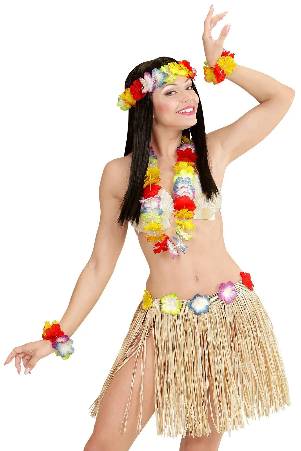 Kit Hawaiano con Falda, Collar, Pulseras y Corona Hawaianos Widmann