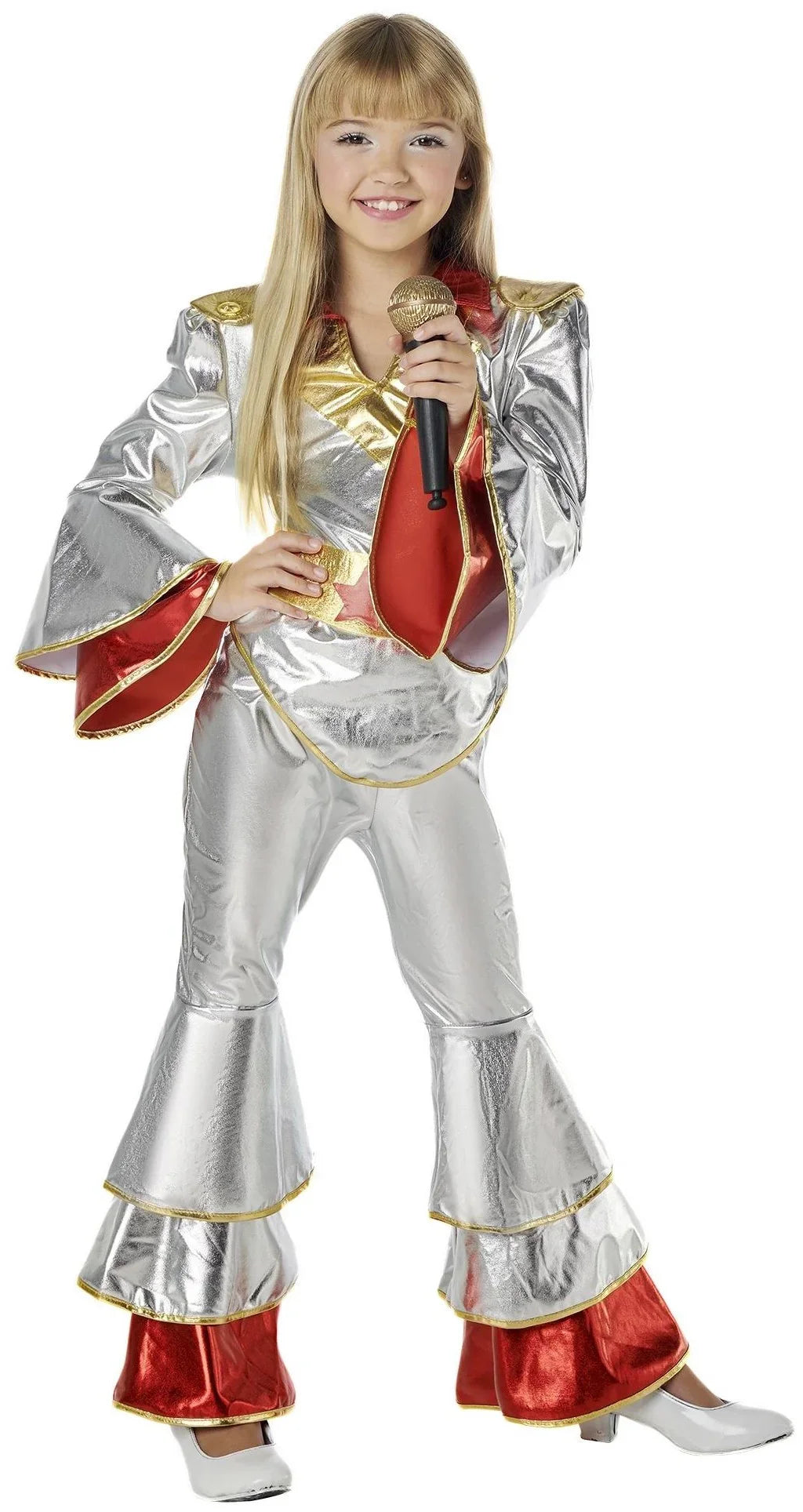 Disfraz Disco Años 70 Plateado y Rojo para Niña Disco Infantiles Kimokawaii