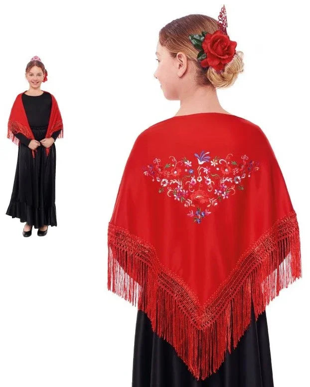 Mantón de Sevillana o Chulapa Rojo Bordado para Niña Sevillanas Partilandia