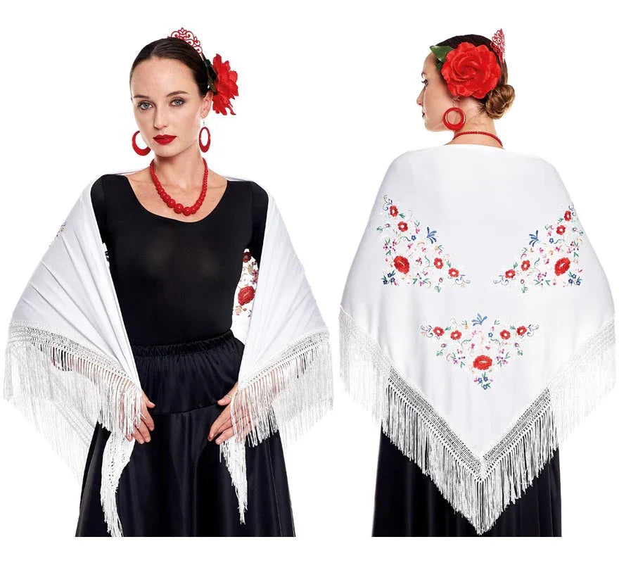 Mantón de Sevillana o Chulapa Blanco con Bordado Sevillanas Partilandia