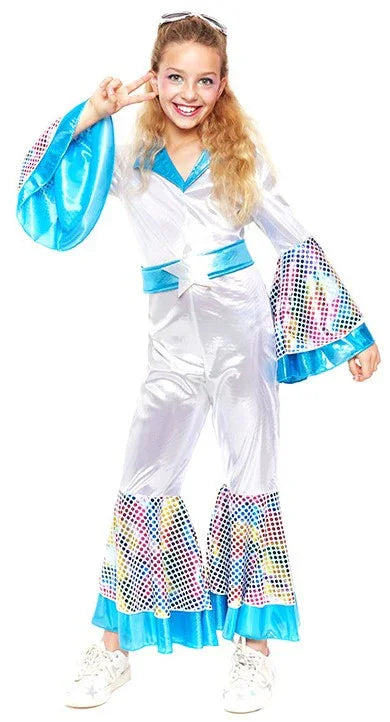 Disfraz de Disco Años 70 Plateado y Azul para Niña Disco Infantiles Partilandia