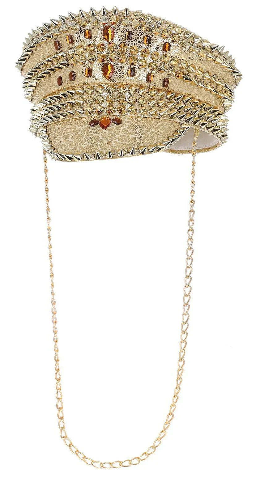 Gorra de Capitán Dorada con Pedrería, Pinchos y Cadena Sombreros y Gorros Smiffys