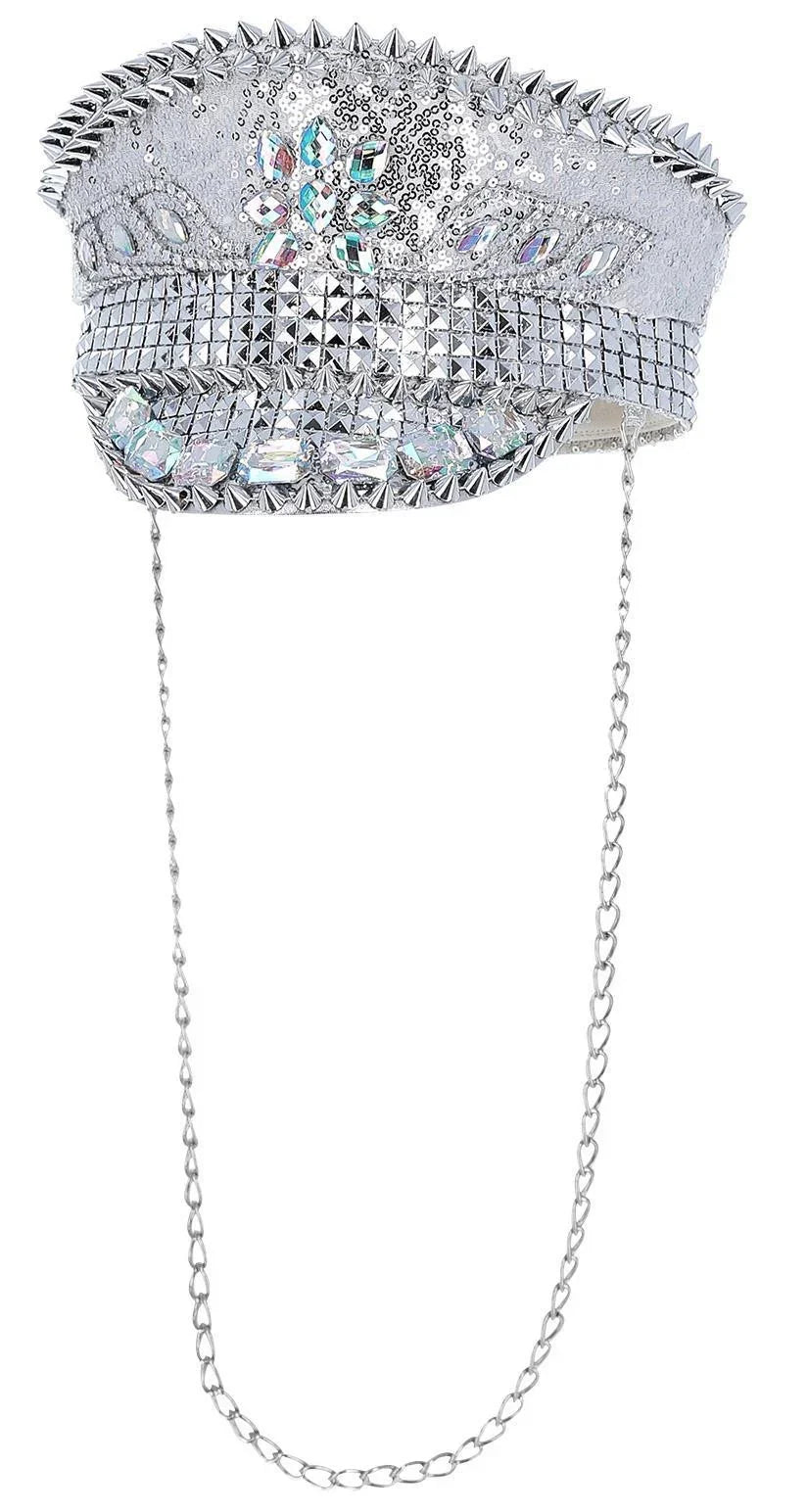 Gorra de Capitán Plateada con Pedrería, Pinchos y Cadena Sombreros y Gorros Smiffys