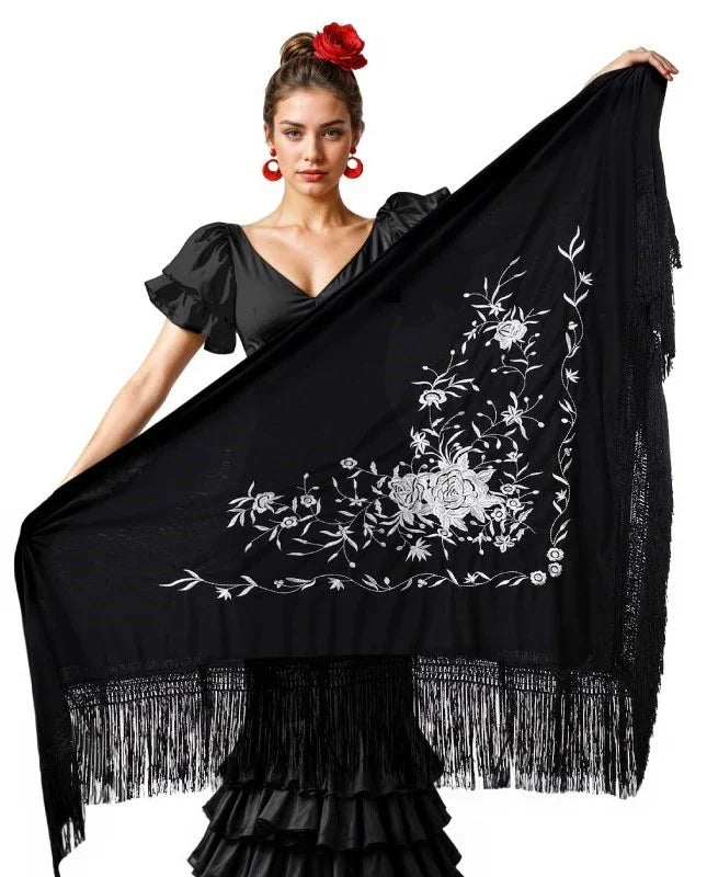 Mantón de Sevillana Negro con Bordado Blanco Sevillanas Partilandia