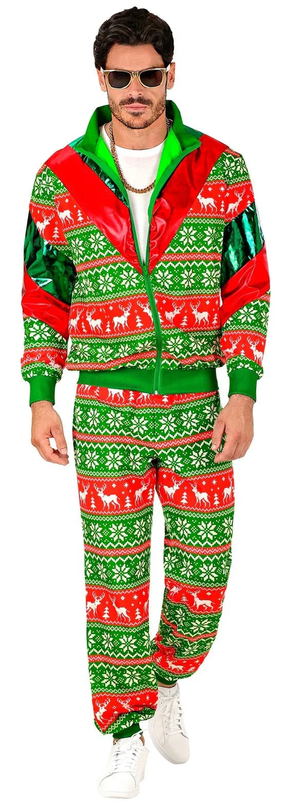 Disfraz Chándal con Estampado Navideño Verde para Adulto Chándales de Táctel Años 80 Widmann