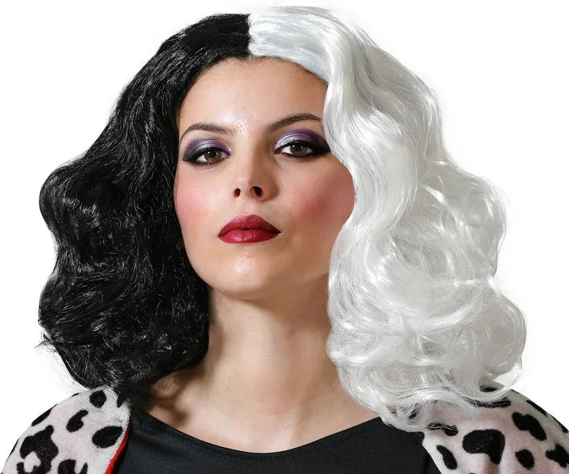 Peluca de Cruella Blanca y Negra Ondulada Pelucas de Cruella de Vil Atosa