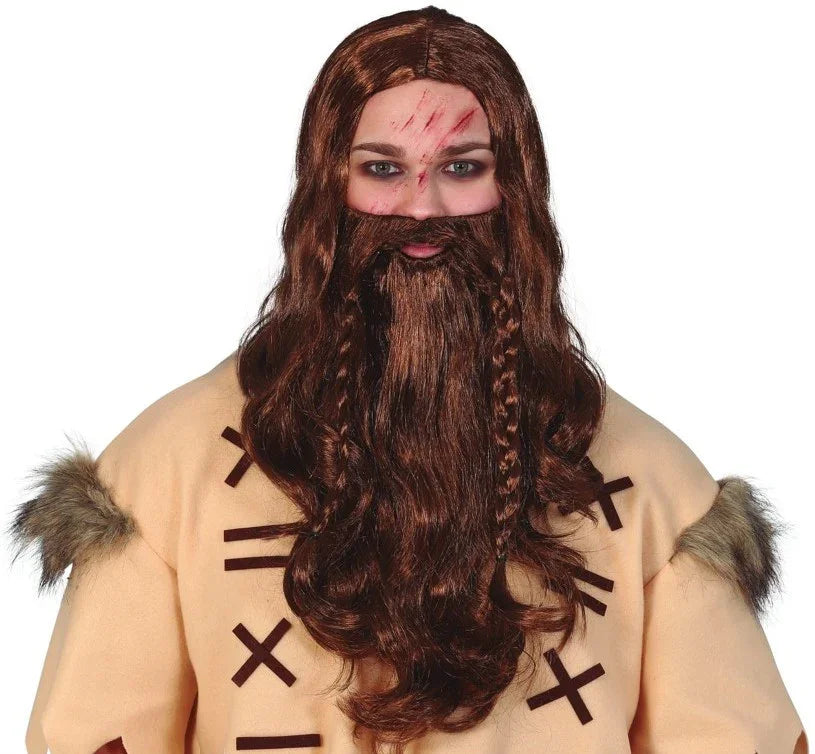 Peluca Castaña de Vikingo con Barba Larga con Trenzas Complementos Vikingos Guirca