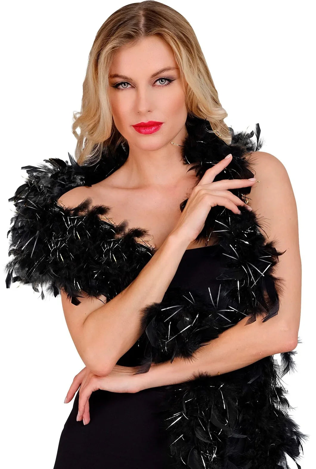 Boa de Plumas Negras con Filamentos Plateados de 180cm Boas de Plumas Widmann
