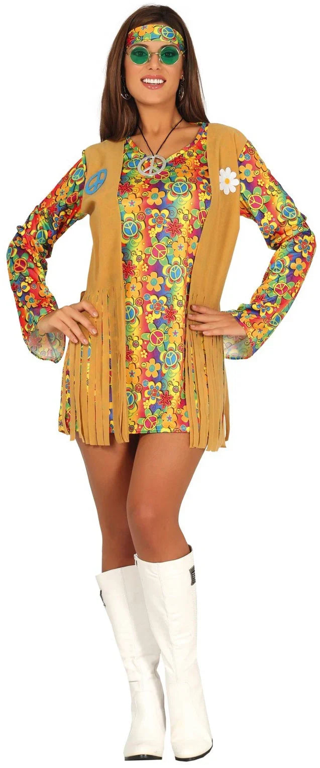 Disfraz de Hippie Corto con Chaleco para Mujer Hippie Guirca