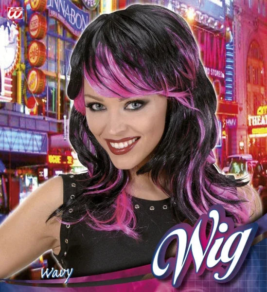Peluca Morena con Mechas Rosa Fucsia COMPLEMENTOS Widmann