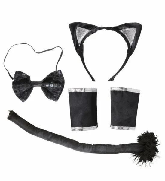 Set de gatita, orejitas, brazaletes rabo y pajarita de lentejuelas COMPLEMENTOS Widmann