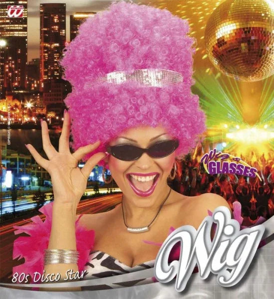 Peluca Rosa Fucsia Rizosa con Cinta Plateada COMPLEMENTOS Widmann