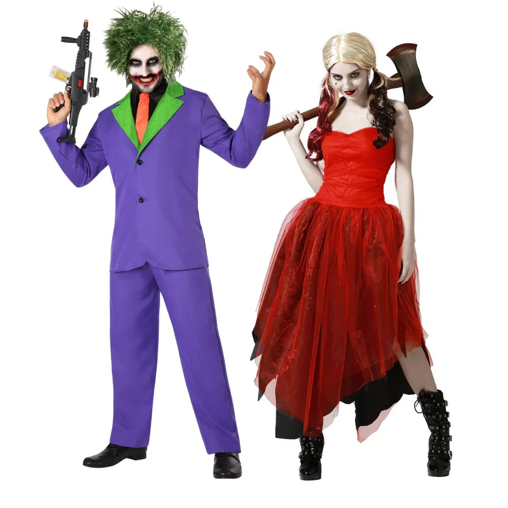 Disfraces en Pareja de Joker Morado y Harley Roja Superhéroes Disfraces Simon