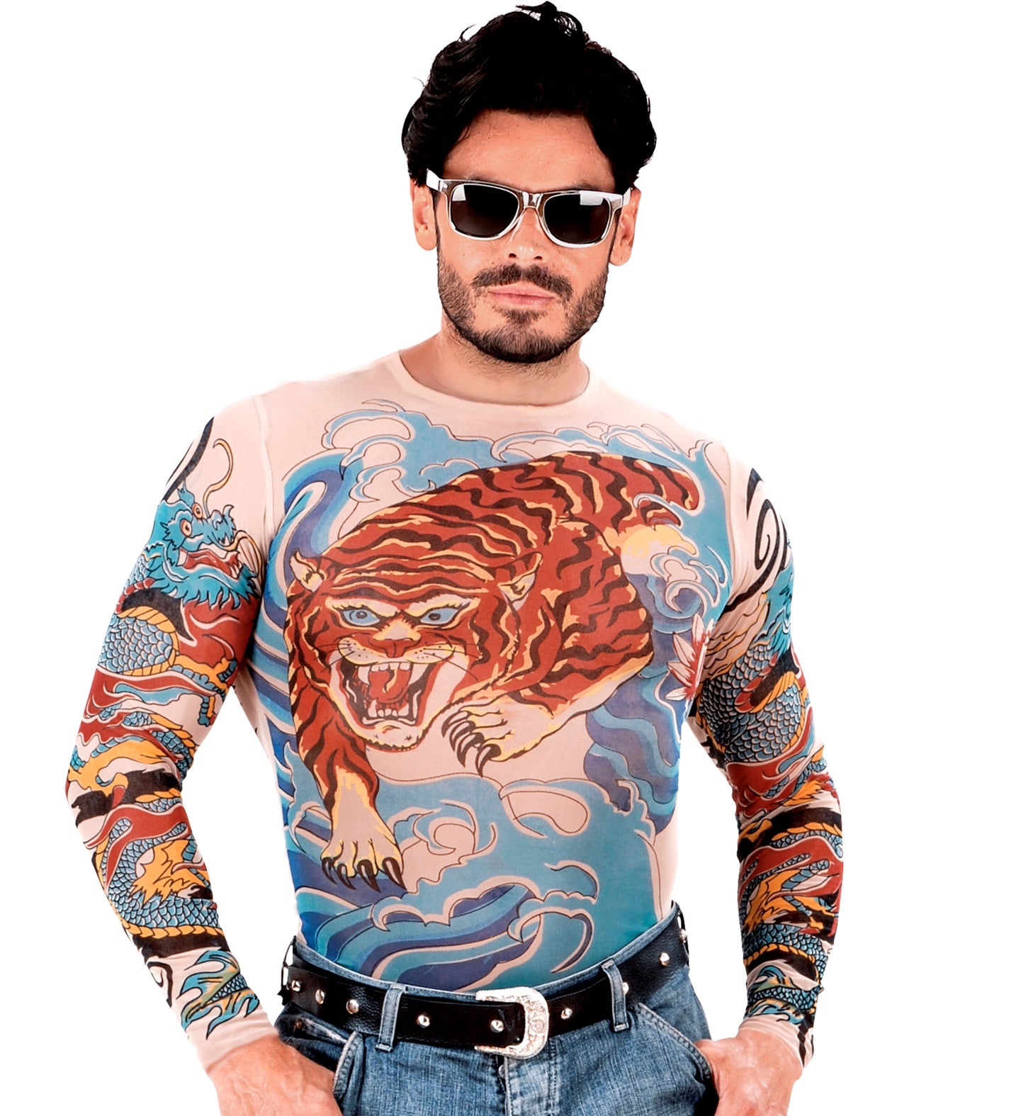 Malla Camiseta de Tatuajes de Tigre y Dragón para Hombre Chaquetas, Chalecos y Camisas Widmann