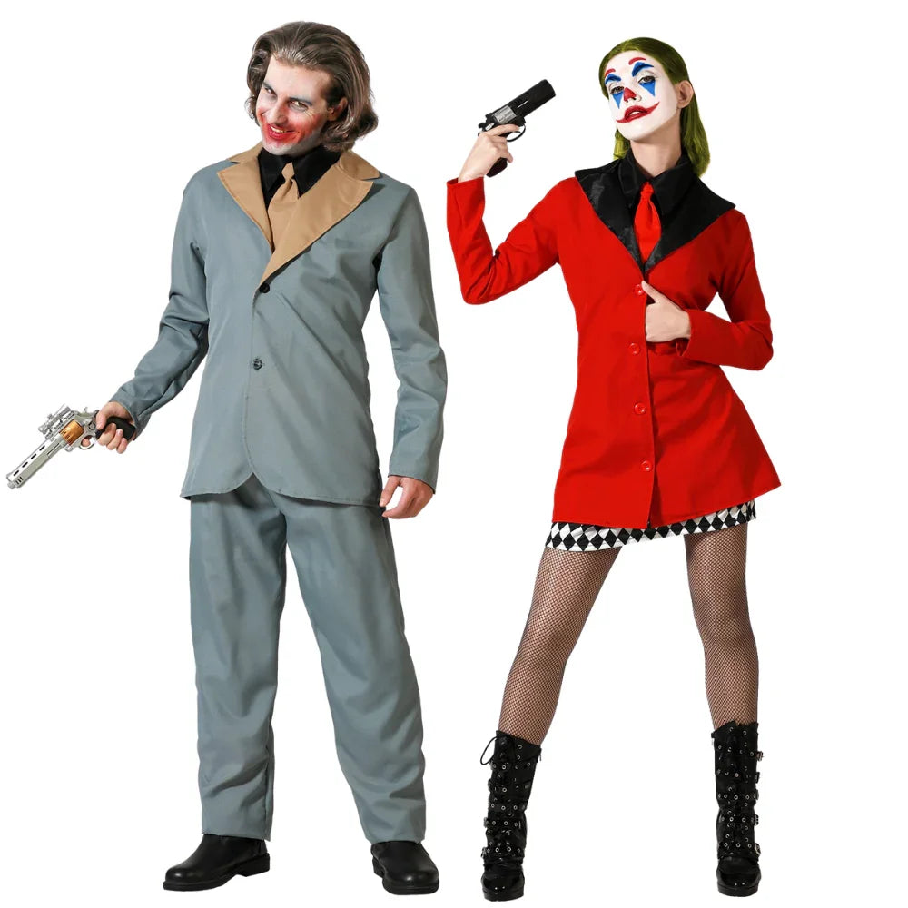 Disfraces en Pareja de Joker Gris y Harley Roja Superhéroes Disfraces Simon