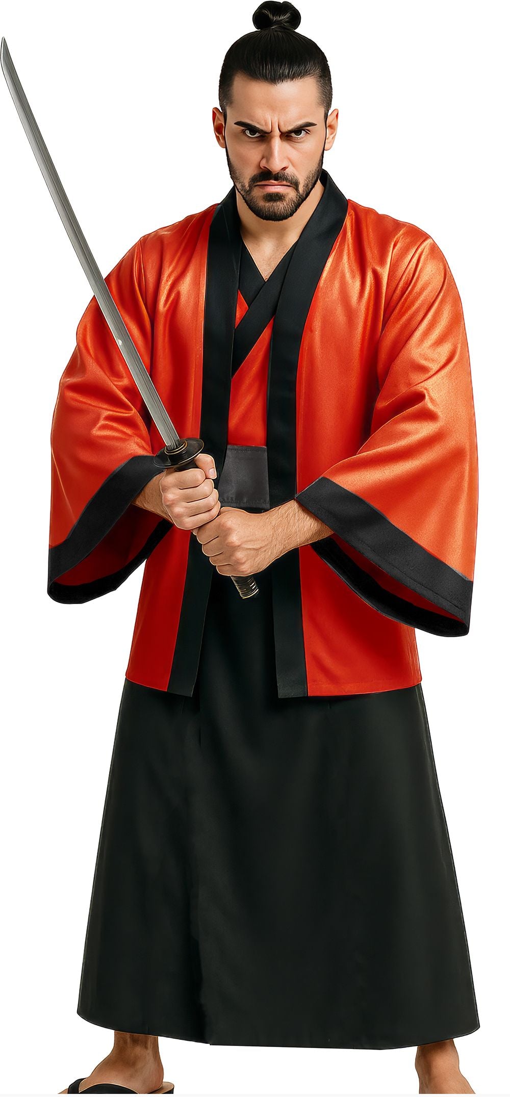 Costume da Samurai con Kimono Rosso e Nero per Uomo