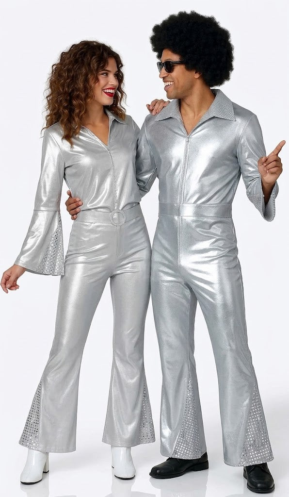 Costumi in coppia in stile disco anni '70, color argento