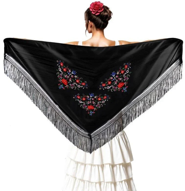 Mantón de Sevillana o Chulapa Negro con Bordado Sevillanas Partilandia